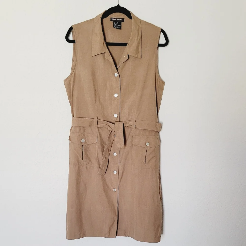 Vintage HASLTON Khaki Sleeveless Button-Down Dress Sz 12 - Picture 2 of 13